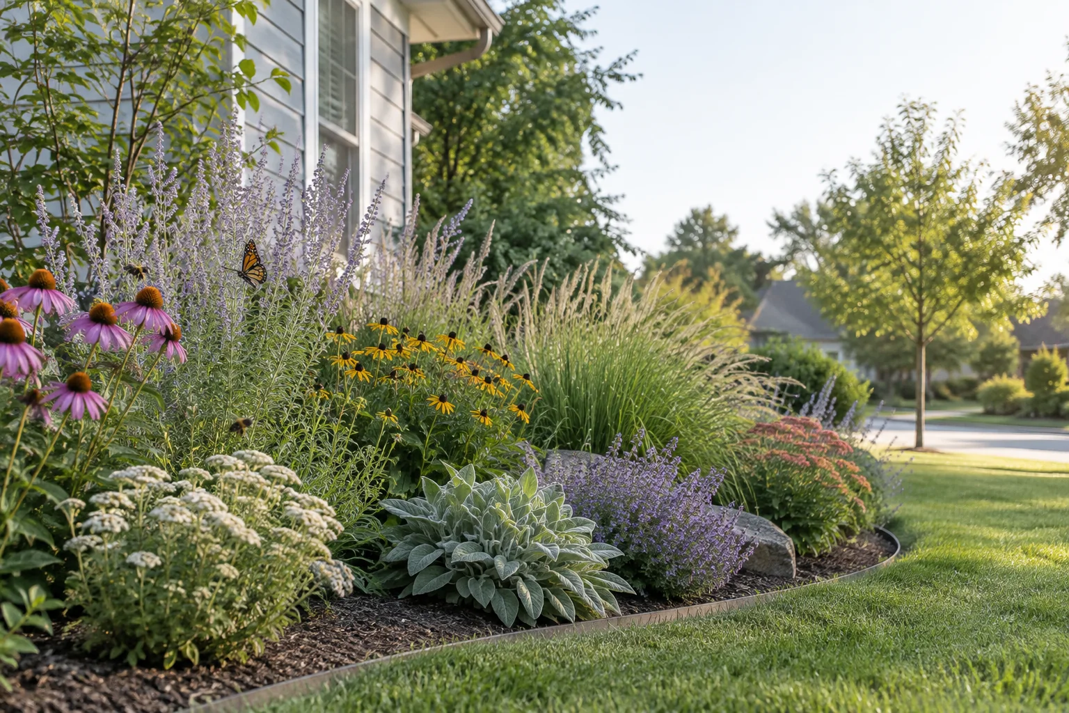 A small layered native-style garden bed with flowering perennials and grasses beside a home