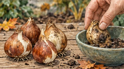 Healthy spring bulbs beside a damaged bulb being set aside