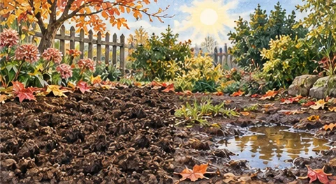 Autumn garden bed showing well-drained soil beside a puddling area