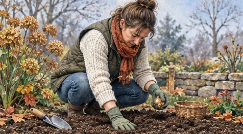 Gardener planting bulbs in cool late-autumn weather before hard frost