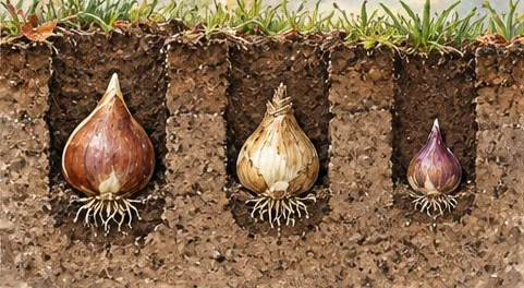 Cutaway of three spring bulbs planted at suitable depths with their points upward