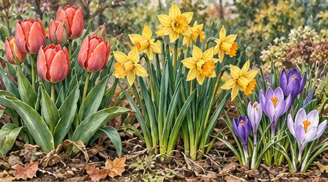Loose repeated clusters of tulips, daffodils, and crocuses