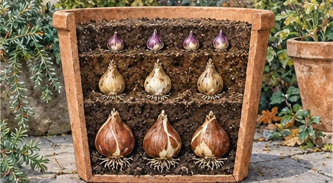 Deep container cutaway with spring bulbs arranged in separate layers