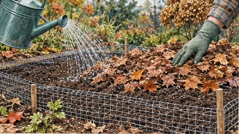 Fresh bulb bed being watered and protected with light mulch and mesh
