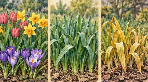 Spring bulbs shown flowering, with green leaves, and with naturally yellowing leaves