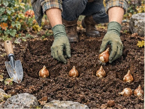 Gardener checking bulb direction and spacing before replacing the soil