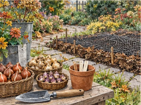 Organized bulb-planting workstation beside one completed garden area