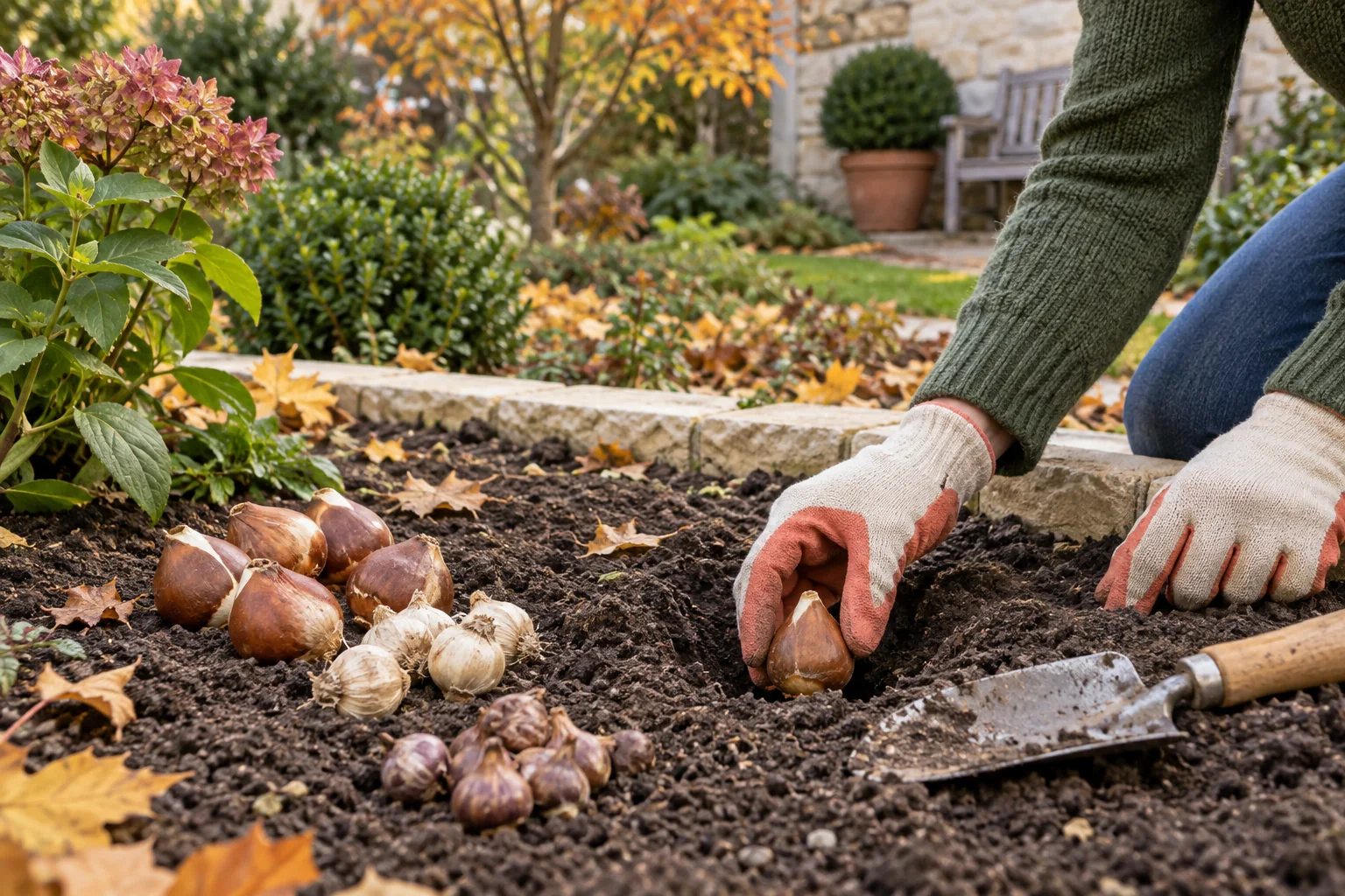 A gardener placing spring-flowering bulbs into a prepared autumn garden bed