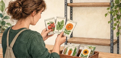Gardener choosing a few seed packets beside an empty indoor growing shelf