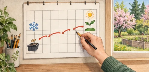 Garden calendar visually connecting indoor sowing with safe outdoor planting weather