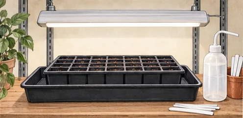 Clean seed-starting shelf with grow light, cell tray, catch tray, labels, and water bottle