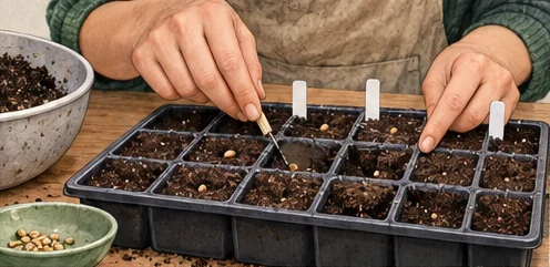 Hands filling seed cells with loose damp mix and sowing carefully