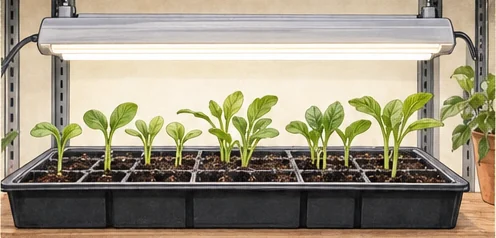 Compact green seedlings beneath an adjustable white grow light