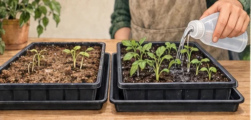 Drying seed tray compared with a moist tray being bottom-watered
