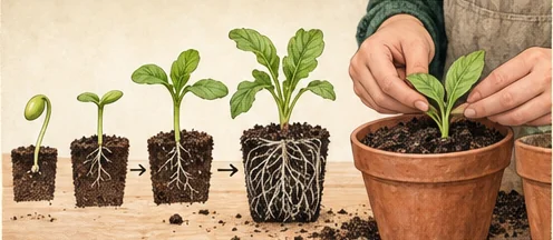 Seedling stages from first leaves through developed roots and careful potting-up