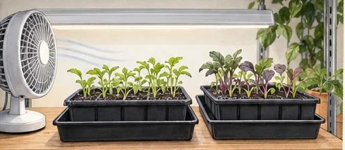 Small fan beside spaced seedling trays with gentle airflow