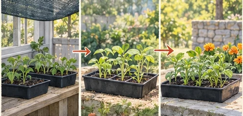 Seedlings moving from sheltered shade toward brighter outdoor garden conditions