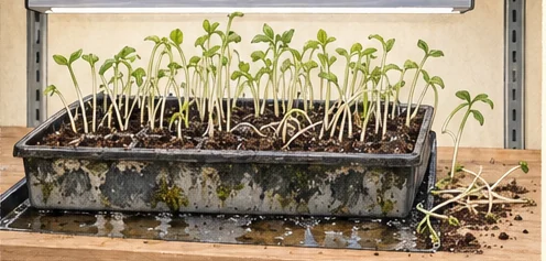 Overcrowded stretched seedlings in a dirty saturated tray showing several visible problems