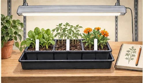 Complete beginner seed-starting shelf with one labeled tray and healthy seedlings