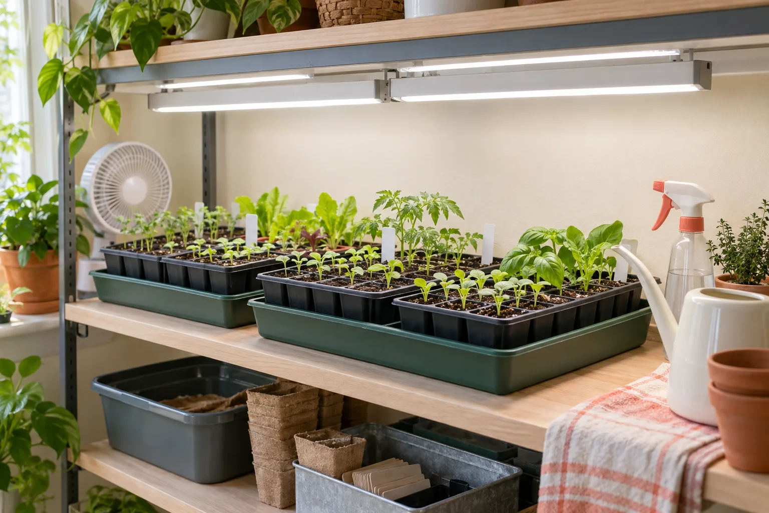 A clean indoor seed-starting shelf with trays, young seedlings, and white grow lights