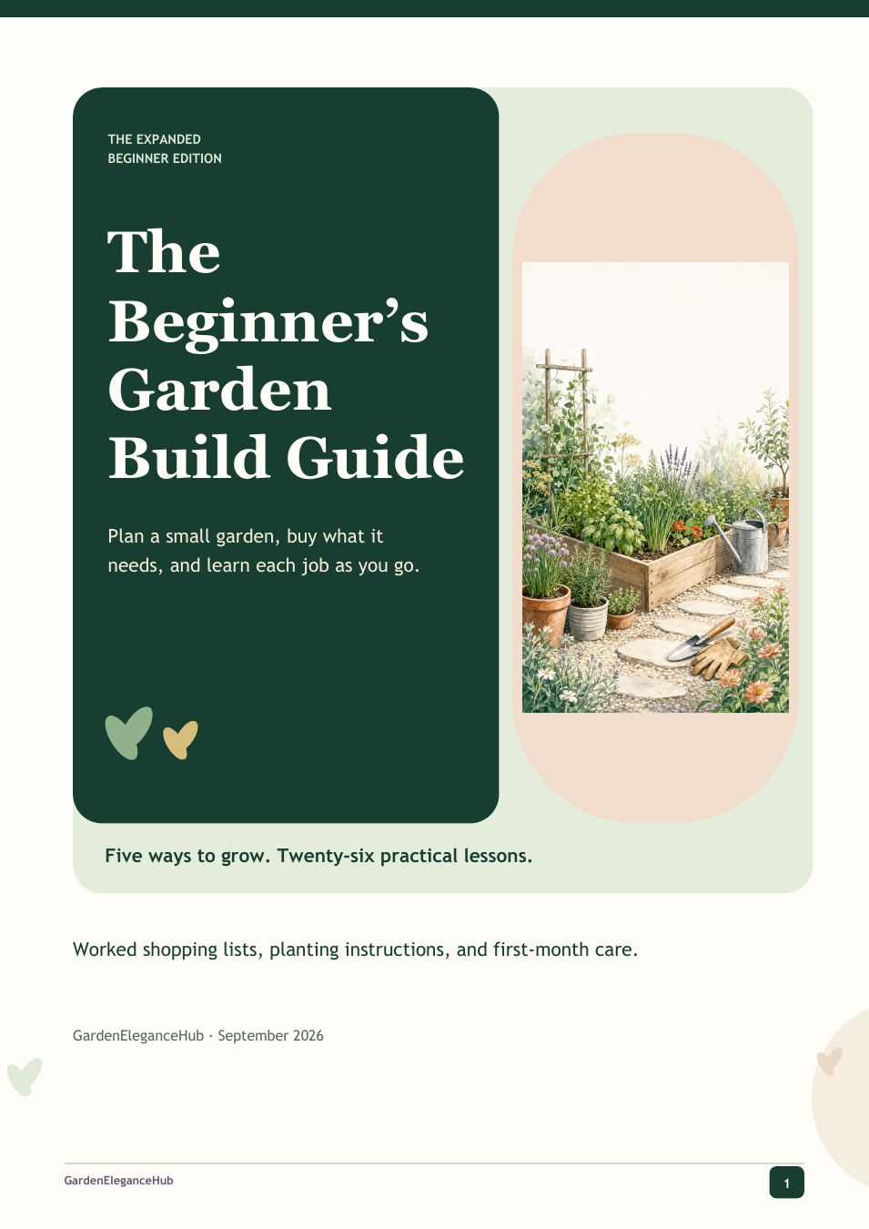 Cover of the Beginner’s Garden Build Guide, showing a raised bed and planted pots.